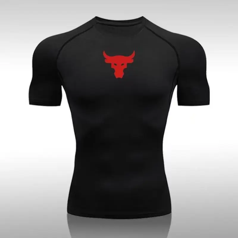 

Black Bull Print Compression Shirts for Men Athletic Quick Dry Baselayers Undershirt Gym Workout Running Rash Guard Tshirt Tops