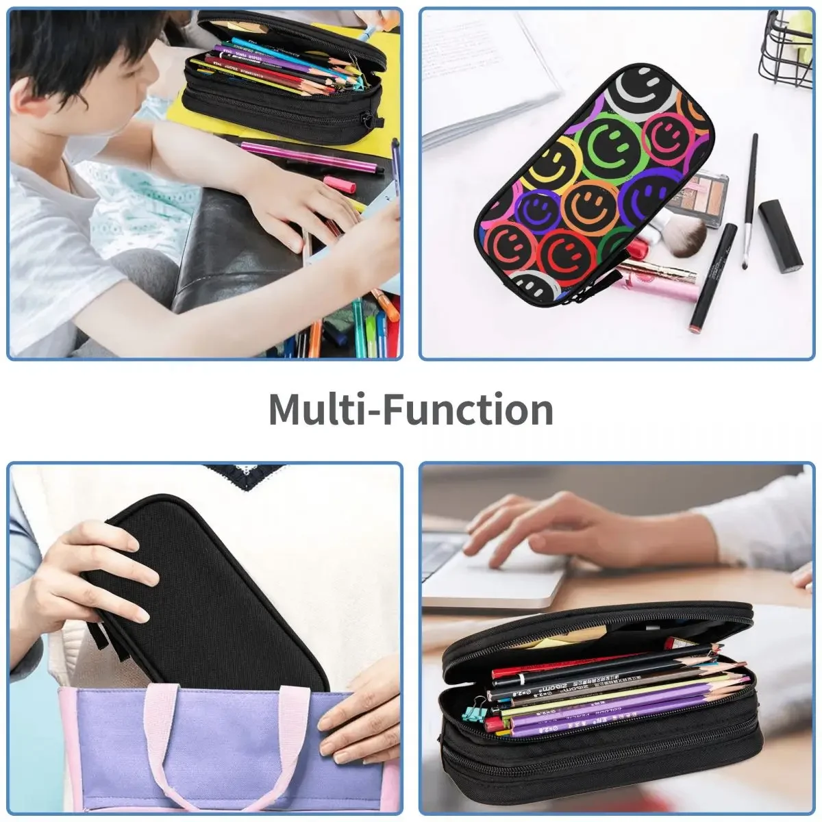 Bolsa Lápis de Grande Capacidade para Meninos e Meninas, Neon Smiley Faces Lápis Cases, Pen Bags, Pen Box para Estudantes, Papelaria Escola e Escritório