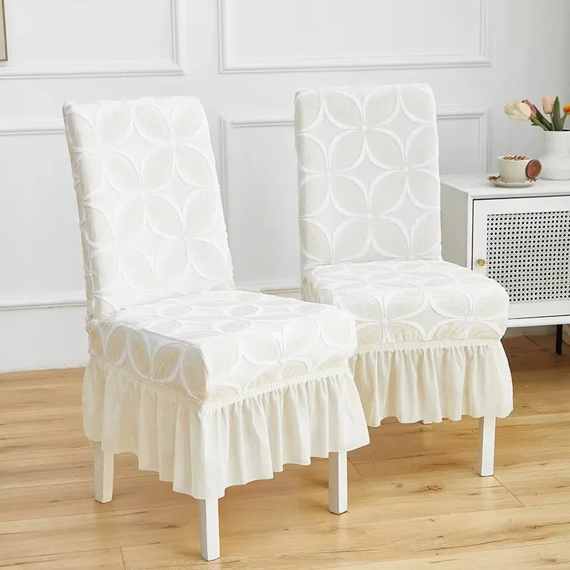 3D Jacquard Skirted Chair Cover Stretch Dining Chair Slipcover Integrated Seat & Backrest Protector for Home Banquet Restaurant