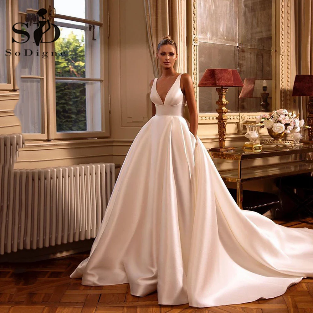 SoDigne A Line Elegant Simple Women Wedding Dresses V Neck With Pockets Bridal Dress Backless Sexy Satin Wedding Gowns