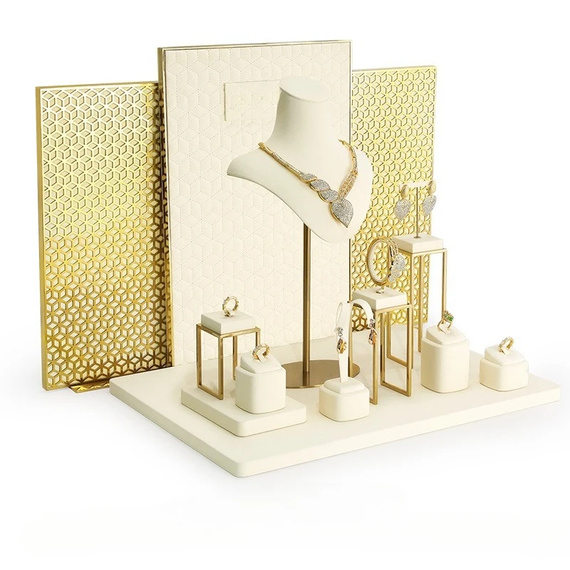 

Metal Luxury Suede New Jewelry Window Display Props Beige Microfiber High-end Counter Necklace Ring Earrings Jewelry Rack