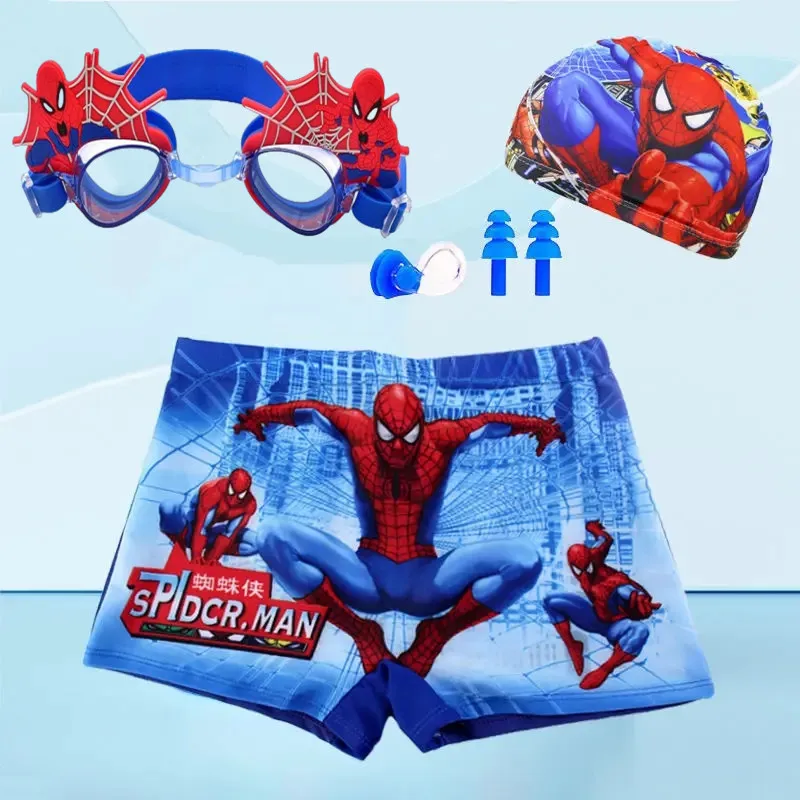 New Anime Boys Spiderman Swimwear Pants Cap Set Baby Boys Swimsuit Shorts Cartoon Spiderman kids Swimming Trunks Glasses Gift