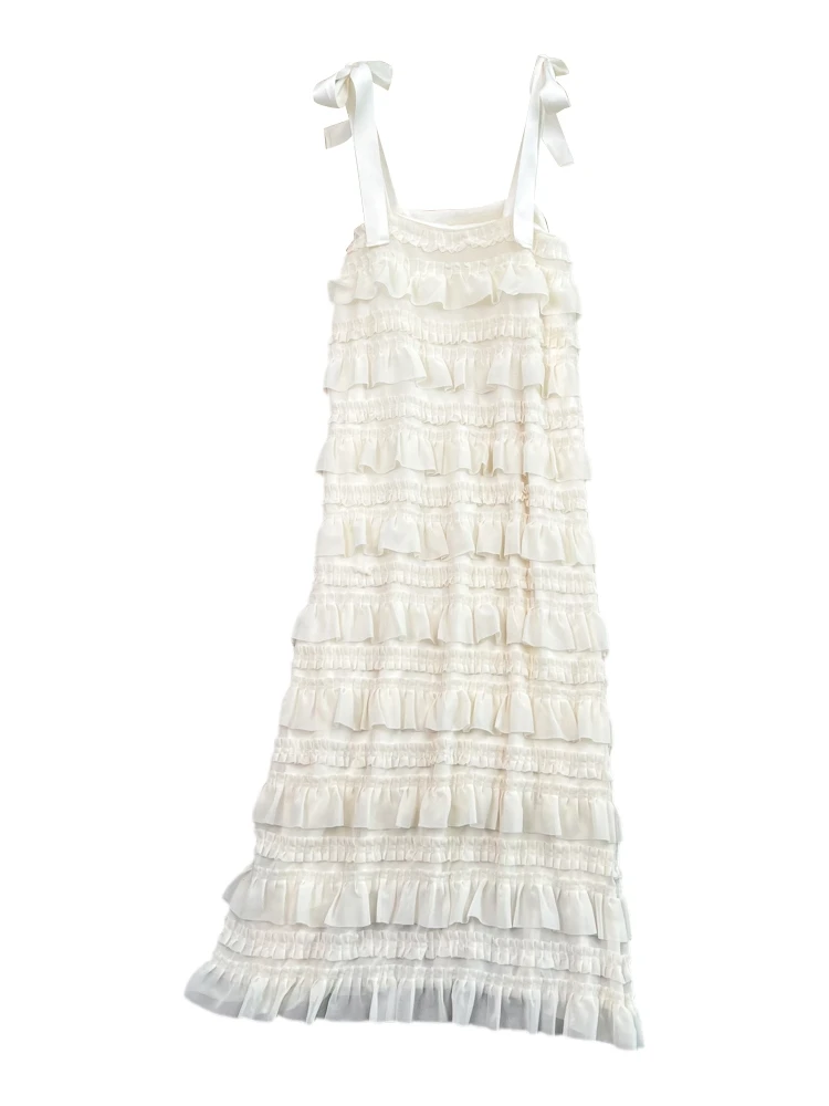 Gentle Breeze Pure Desire Wooden  Ruffle Strapl Dr Beach Vaion Loose A-Line Cake Skirt High Waist Summer Dr