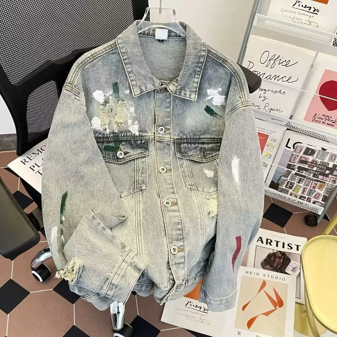 

Мужская джинсовая куртка в стиле ретро-американский фити, окрашенная, свободного кроя, с отворотами, молодежный тренд, ветрозащитная...