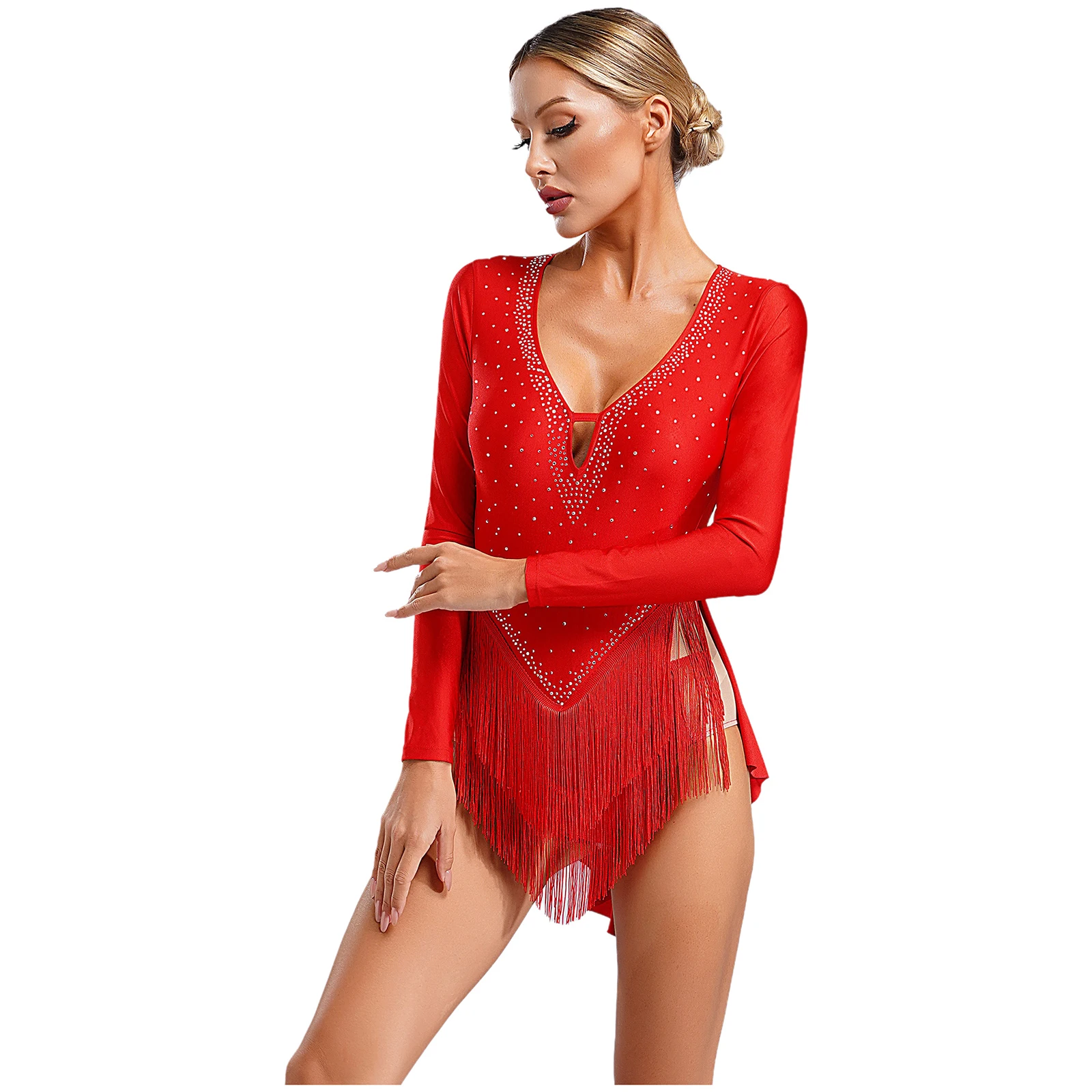 Womens Tassel Latin Dance Dress Shiny Rhinestones Ballet Tutu Dress Leotard Figure Ice Skating Competiton Dance Costume