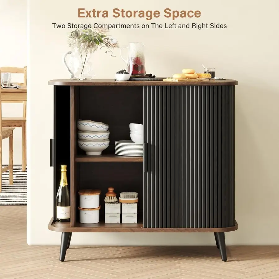 Cabinet with Sliding Doors Black Sideboard Buffet Cabinet with Storage for Coffee Bar, Console Table MCM Design Bar Cabinets for