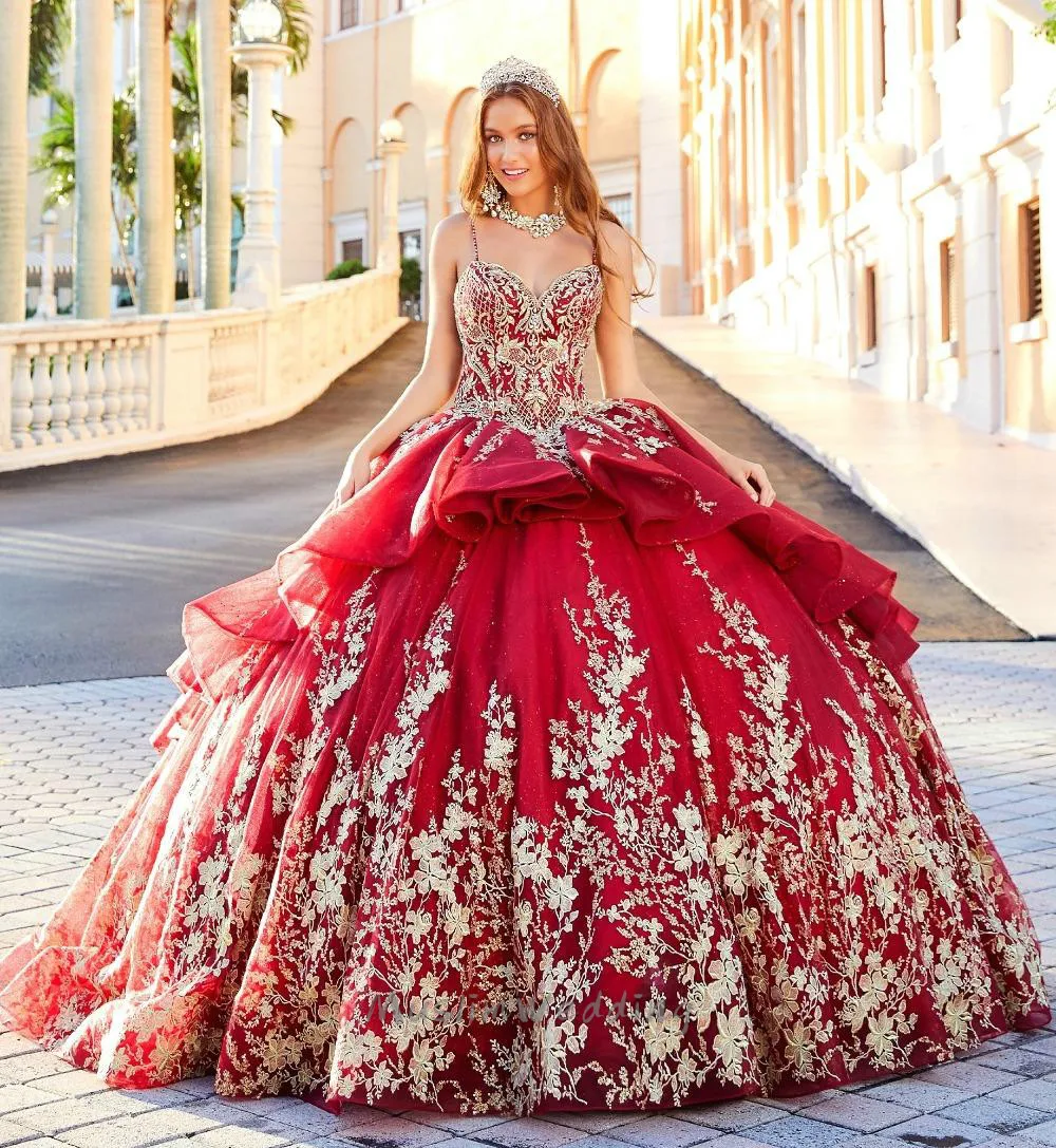   Роскошные красные платья Quinceanera на тонких бретельках с золотыми аппликациями Vestidos De Xv Años Elegantes Fifteen Birthday Party по индивидуальному заказу