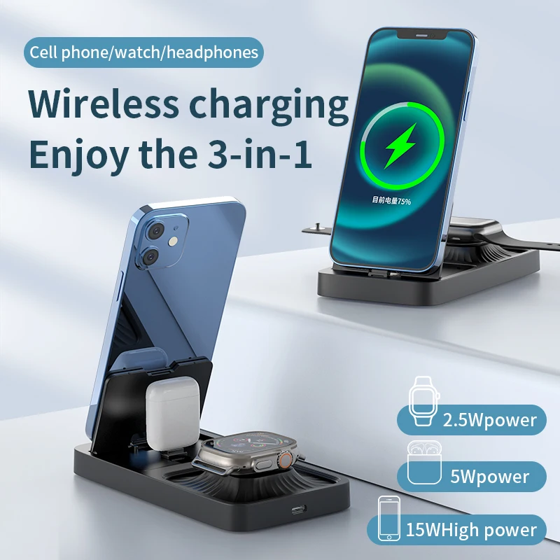 3 In 1 15W Wireless Charger Stand Pad For iPhone 14 13 12 Pro Max 8 X Apple Watch 8 7 Airpods Pro Foldable Fast Charging Station