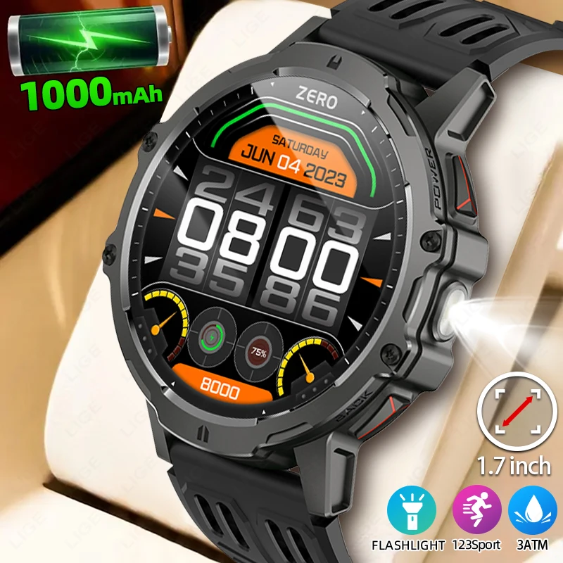 

LIGE новые умные часы с Bluetooth для мужчин, аккумулятор 1000 мАч, 3 атм, водонепроницаемый светодиодный фонарик, шагомер, спортивные умные часы для фитнеса и здоровья