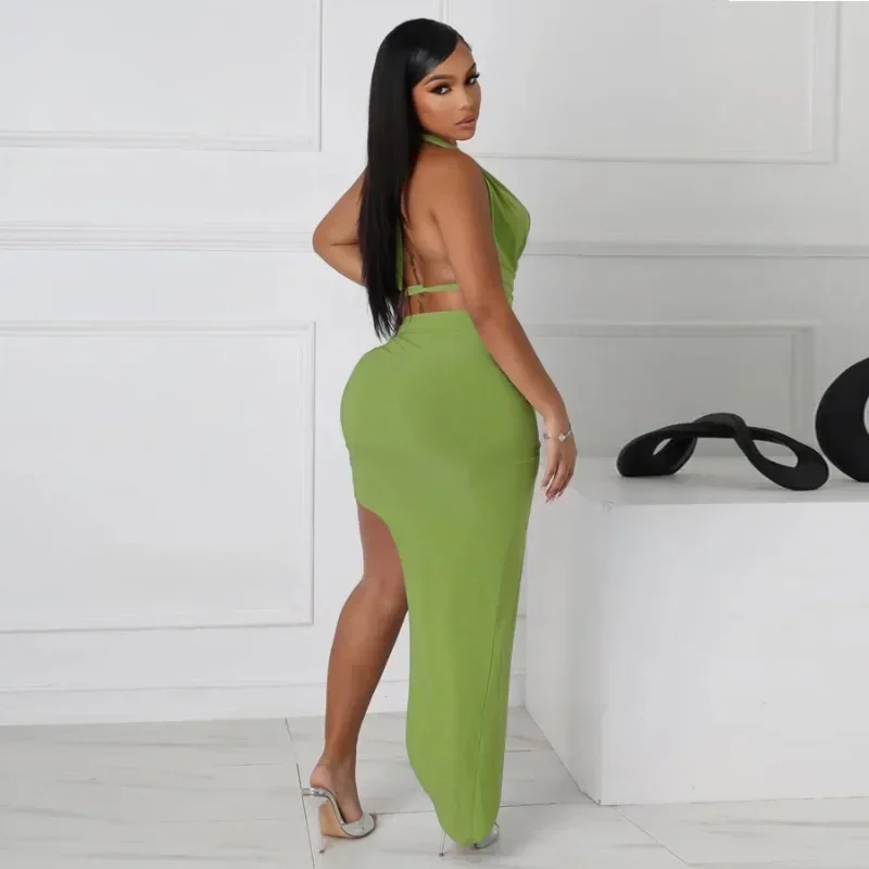 Guwu moda festa vestido feminino conjunto com decote em v ruched superior e lado alta divisão maxi saias longas verão dois conjuntos de 2 peças roupa