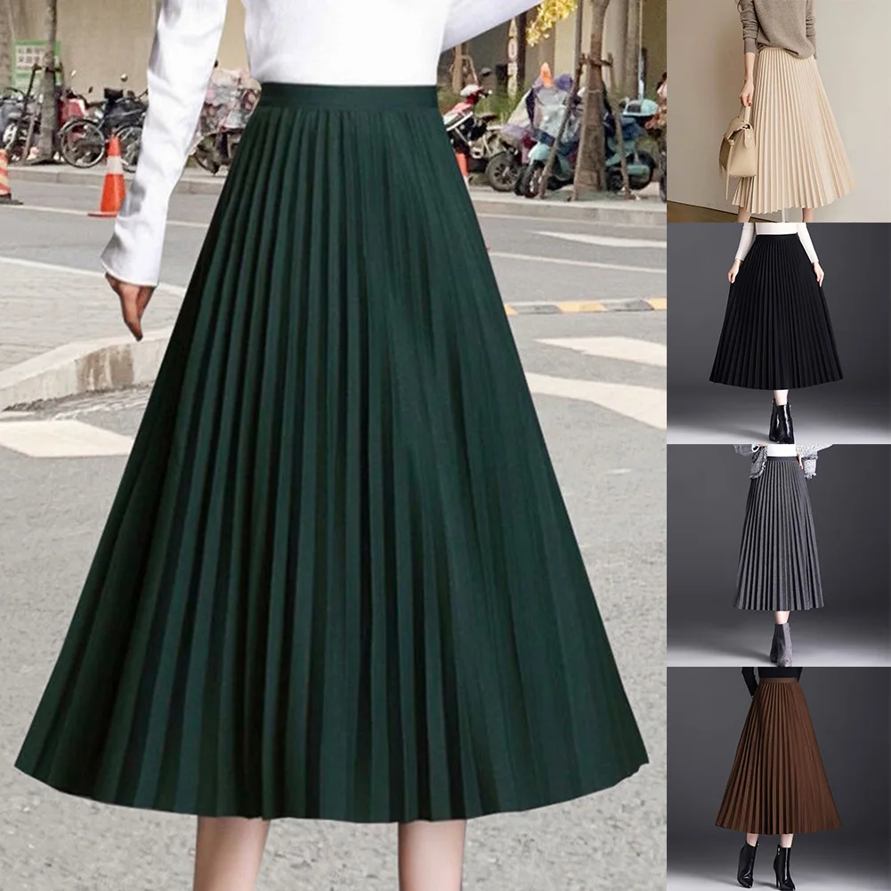 Saia de lã solta saia de cintura alta estilo plissado tecido de poliéster nova condição saias femininas todas as estações