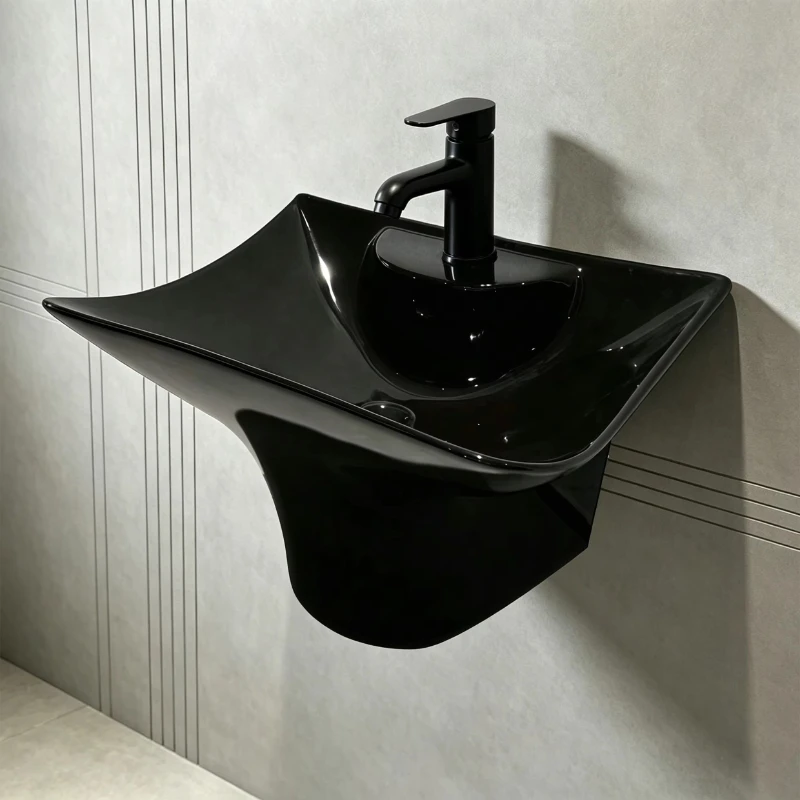 Popular products, integrated wall-mounted small black glaze ceramic wash basin,mini-mounted water basin, suitable apartment use