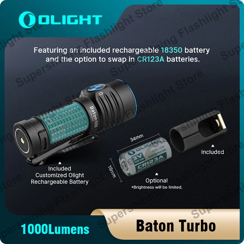 Olight Baton Turbo 1000 Lumens Compact EDC Flashlight 510m Long-Range Beam, MCC-1A USB Magnetic Charging Cable, Battery Included