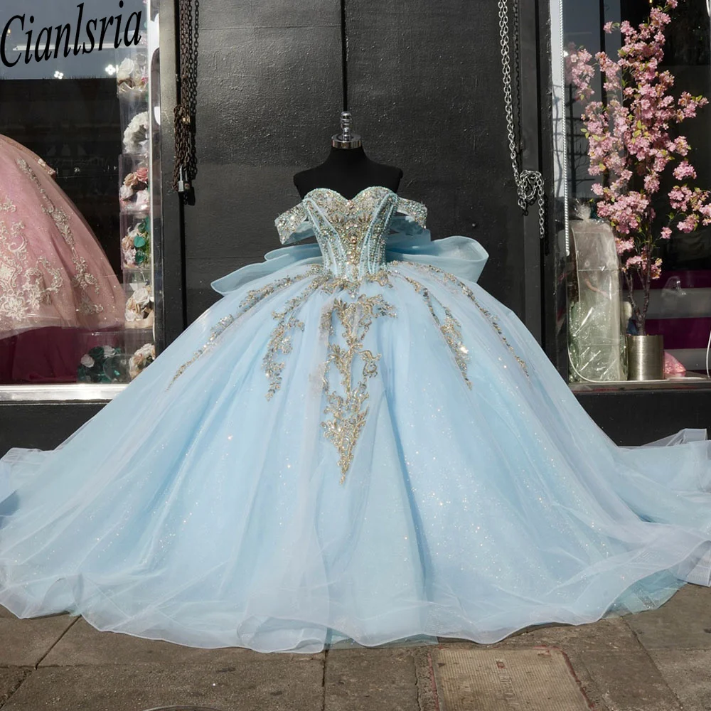 Glittering Sky Blue Quinceanera Dresses Off-Shoulder Shiny Lace Beading Vestidos De 15 Anos Birthday Party Princess