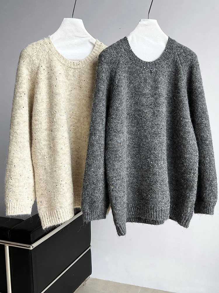 [EAM] Gray Sequins Big Size Knitting Sweater Round Neck Long Sleeve Women Pullovers New Fashion Tide Spring Autumn 2024 1DH7899