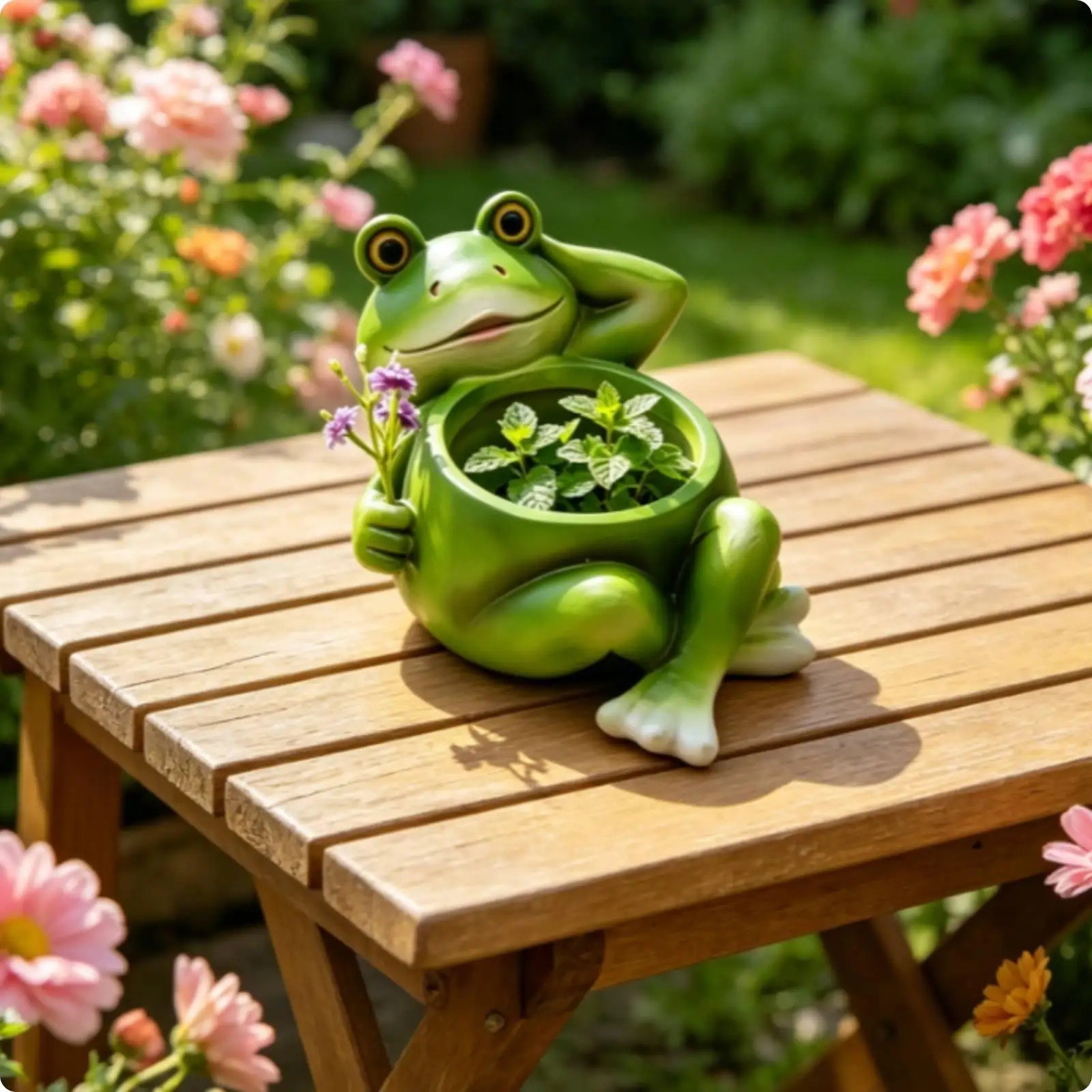 Frog Planter Whimsical Frog Flowerpot Cute Planter with Flower Embellishment for Plant Lovers, Desk, Shelf, Patio Table