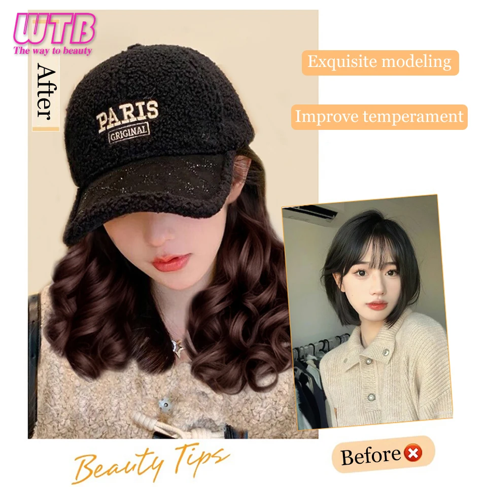 WTB Synthetic Wig Hat Female One-piece Winter New Curly Hair Warm Baseball Cap Simulation Pear Flower Roll Wig