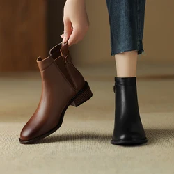 2024 Genuine Leather Women Boots Real Leather Ankle Boots Women Shoes Retro Slip-on Solid Short Boots Cowboy Chelsea Boots