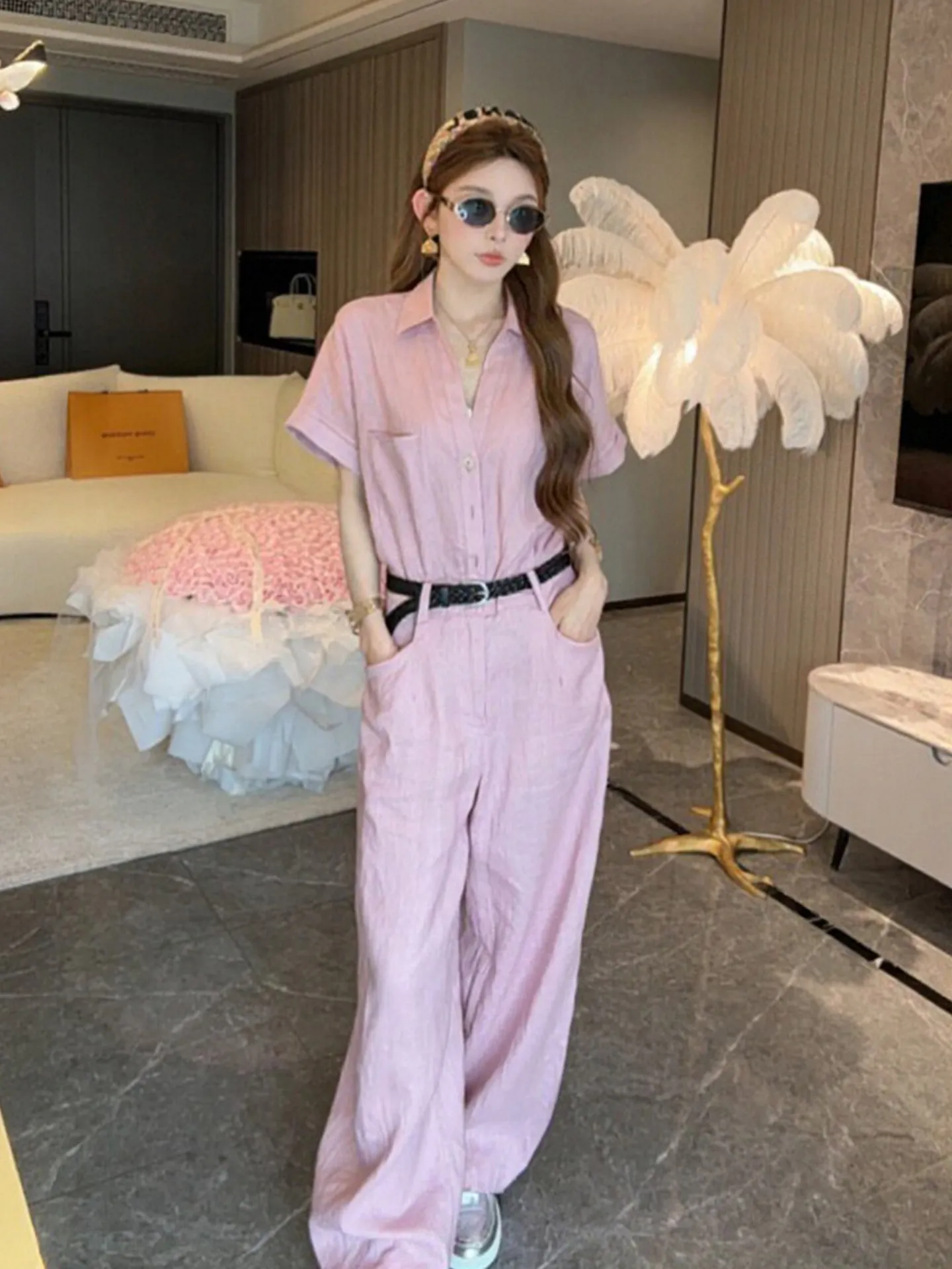 

Pink High Waist Wide Leg Jumpsuit Women's Summer plus Size Loose Fit Sweet Short Sleeve One-Piece Suit Korean Style Casual Wear