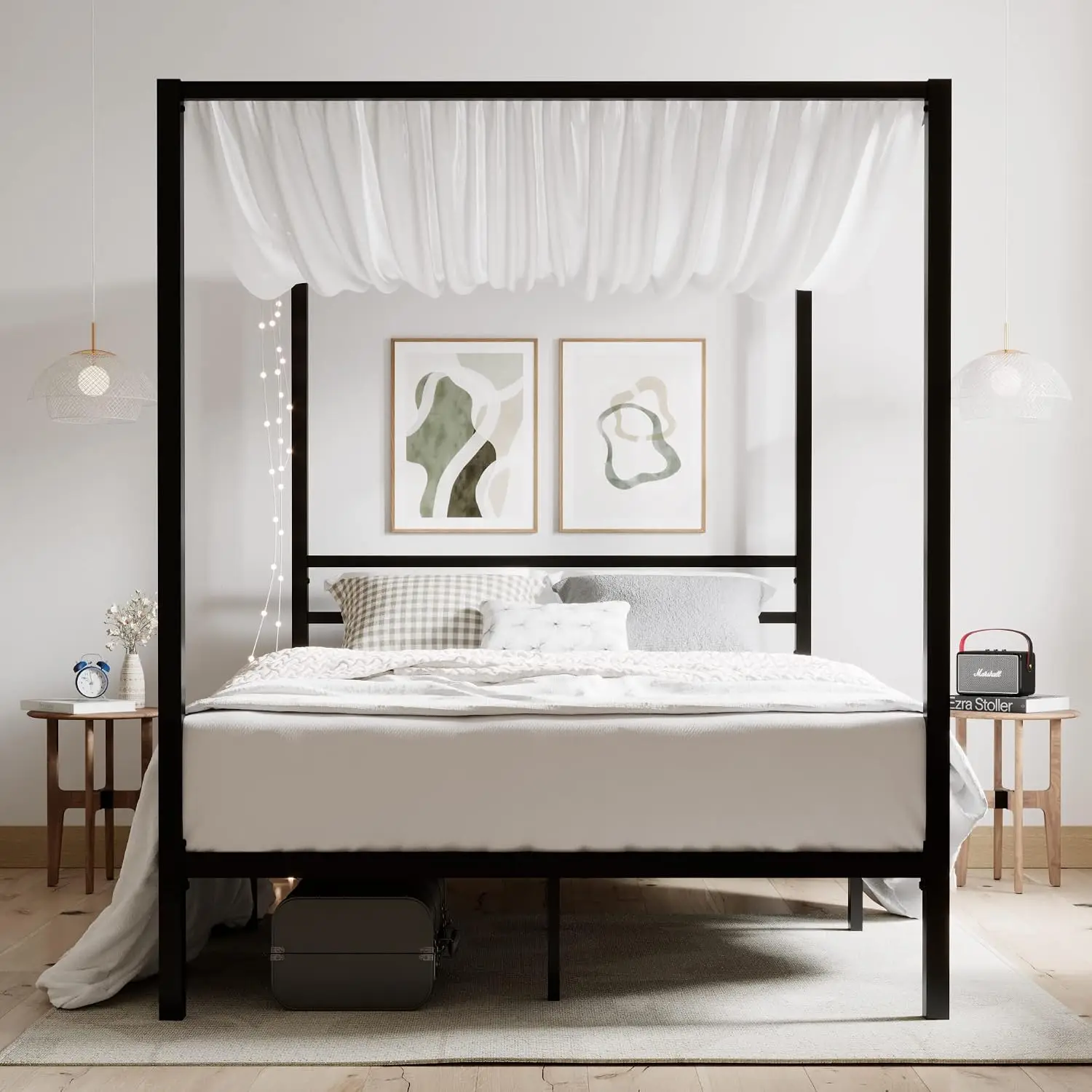Full Size Metal Canopy Bed Frame Heavy-Duty Platform Storage EVA Noise Sponge Foundation No Box Spring, Customized