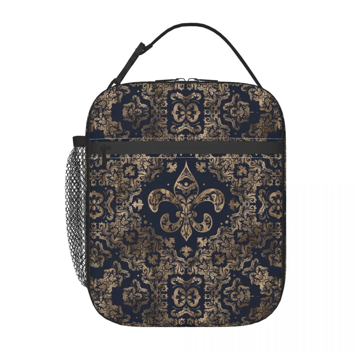 Luxury Ornament Gold And Dark Blue Insulated Lunch Bag Resuable Fleur De Lis Lily Flower Royalty Petals Thermal Cooler Box