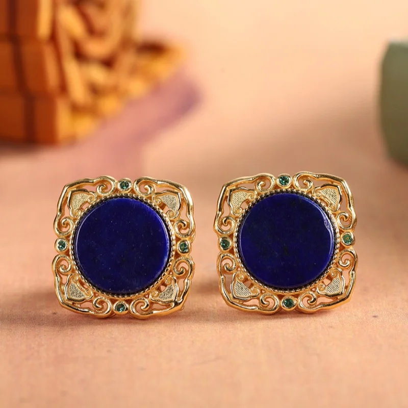 

S925 Sterling Silver Studs Earrings for Women New Fashion Hollow Flowers Inlaid Lapis Lazuli Ear-studs Jewelry Free Shipping