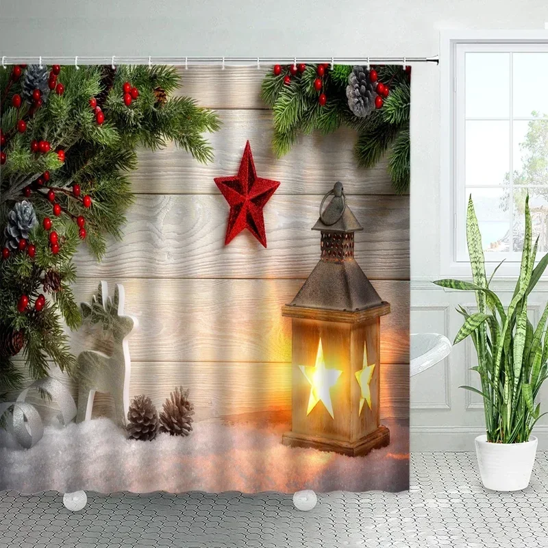 

Рождественский декор Шторы для душа Фонарь Красная свеча Зима Снег Рождественская елка Ретро Деревянная доска Набор штор для ванной комнаты с XT6@!
