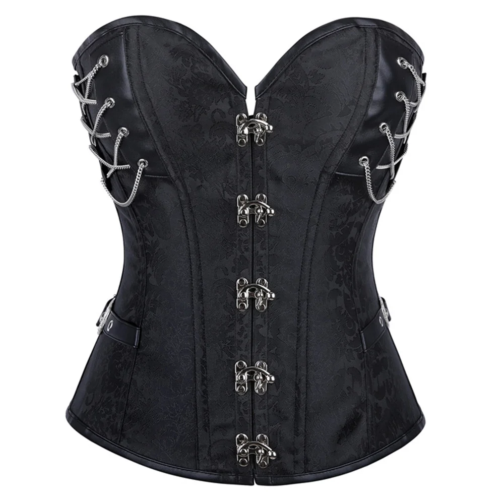 

Женский ретро-корсет-бюстье в готическом стиле, черный, со стальными косточками, сексуальный, с цепочками, без бретелек, утягивающий, на шнуровке