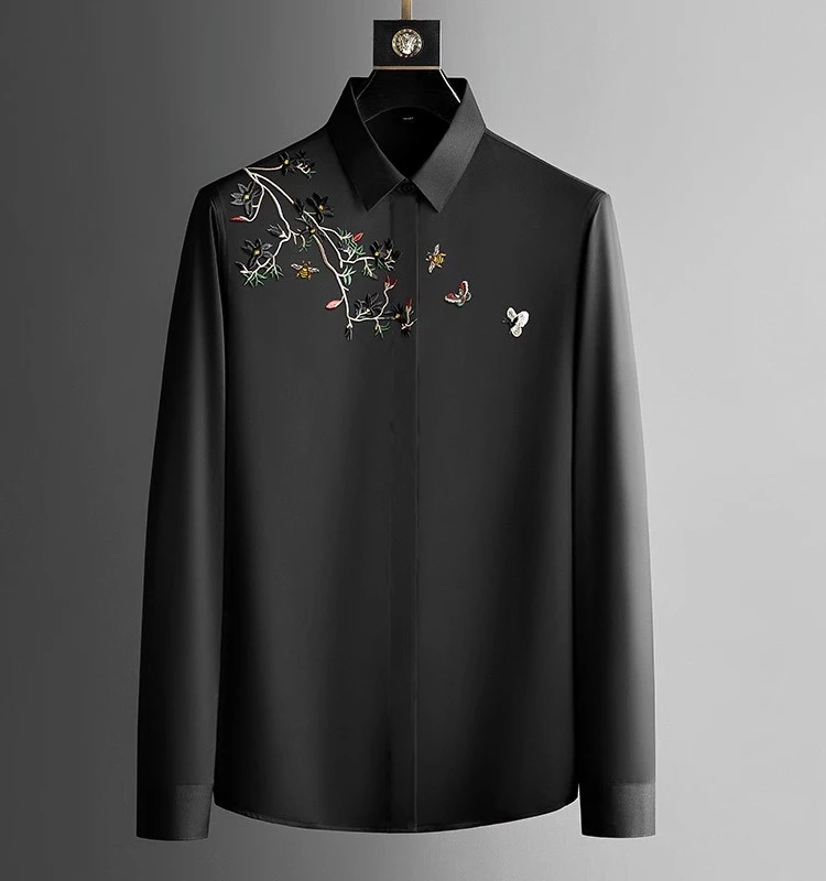 

Autumn New Men's Long Sve Embroidered Casual irt Anti-Wrinkle Slim Fit Busin Casual Top Special Wide Fit No Ironing R...