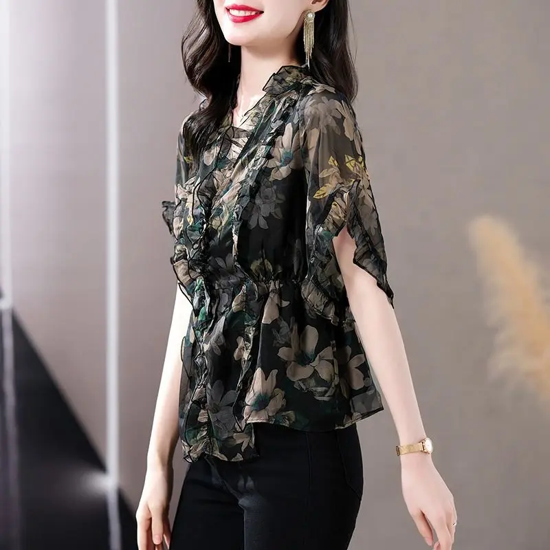 Summer New Fashion Loose Pleated Ruffle Chiffon Blouse