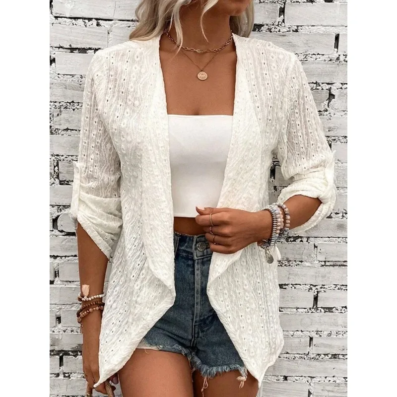 Womens Solid Casual Open Front Cardigan Three Quarter Sleeve Button Decor Lightweight Outerwear Tops