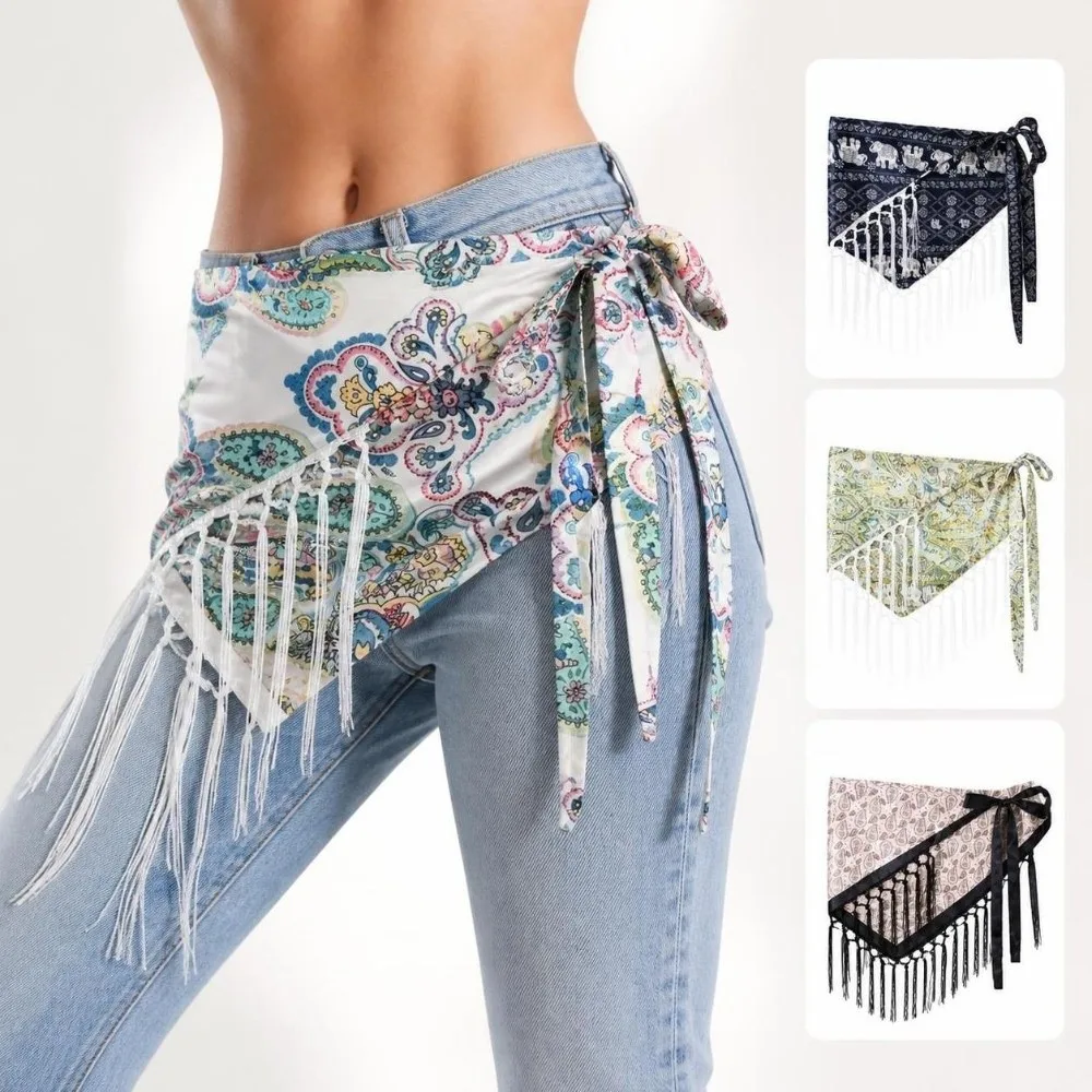 Decorative Paisley Print Hip Scarf Tassel Fringe Self-tie Waist Wrap Floral Bandana Style Triangle Cover Up For Women