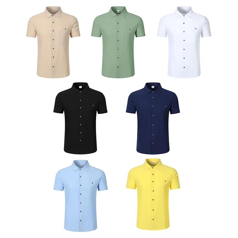 Camisa Masculina de Linho com Manga Curta e Botões, Casual, para Praia, com Bolso no Peito, Respirável, Leve, para o Verão.