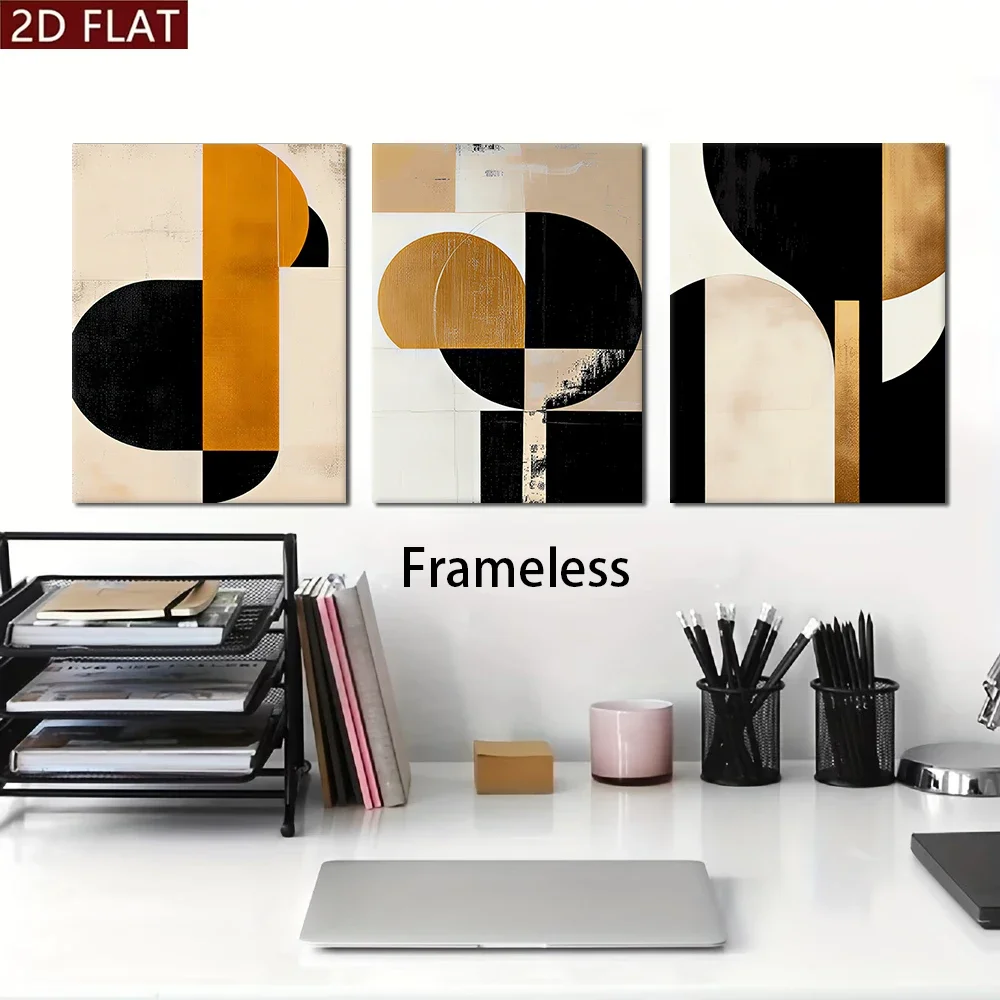 Multiple sizes 3pcs frameless Canvas Painting1 Set Modern Abstract Geometric triptych frameless Wall Art, Black White Gold Min f