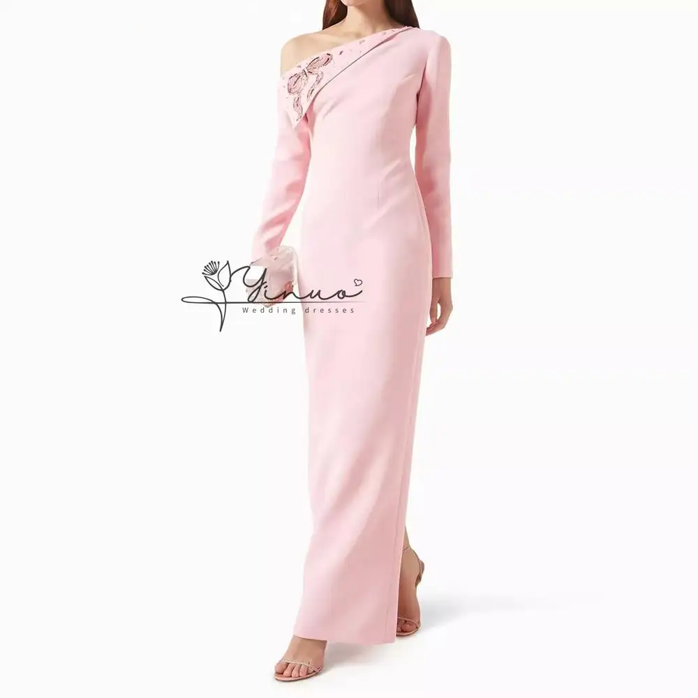 Customized  Women's Straight Evening Dresses Ankle-length One-shoulder Full Sleeve Prom Dresses Simple Fashion Sequined