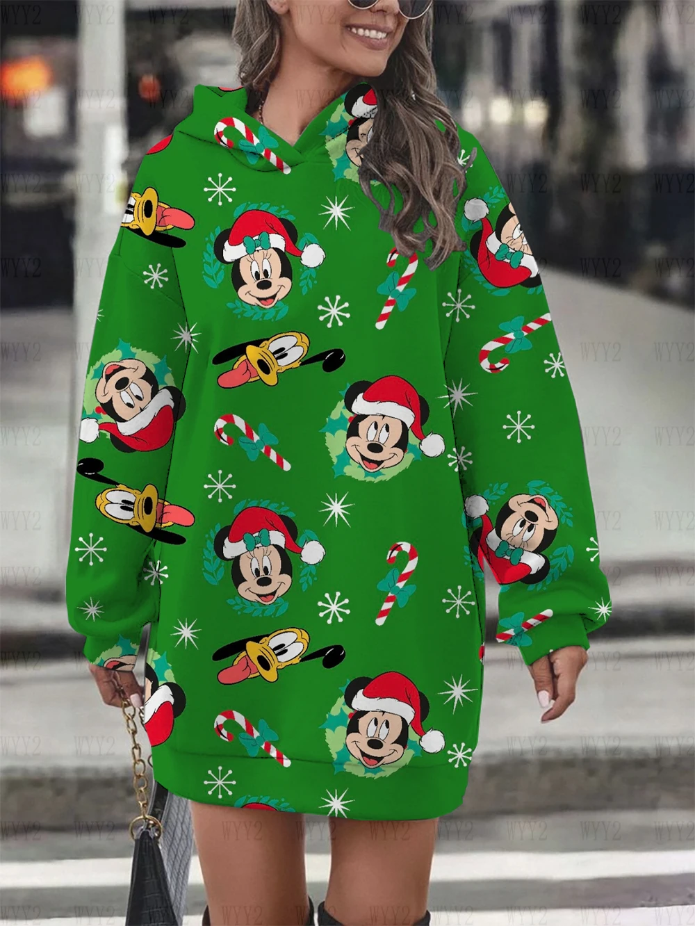 Women's Disney Collection Christmas Mickey Mouse Disney Print Pullover Sweatshirt Hooded Dress Casual Fashion Women's Clothing