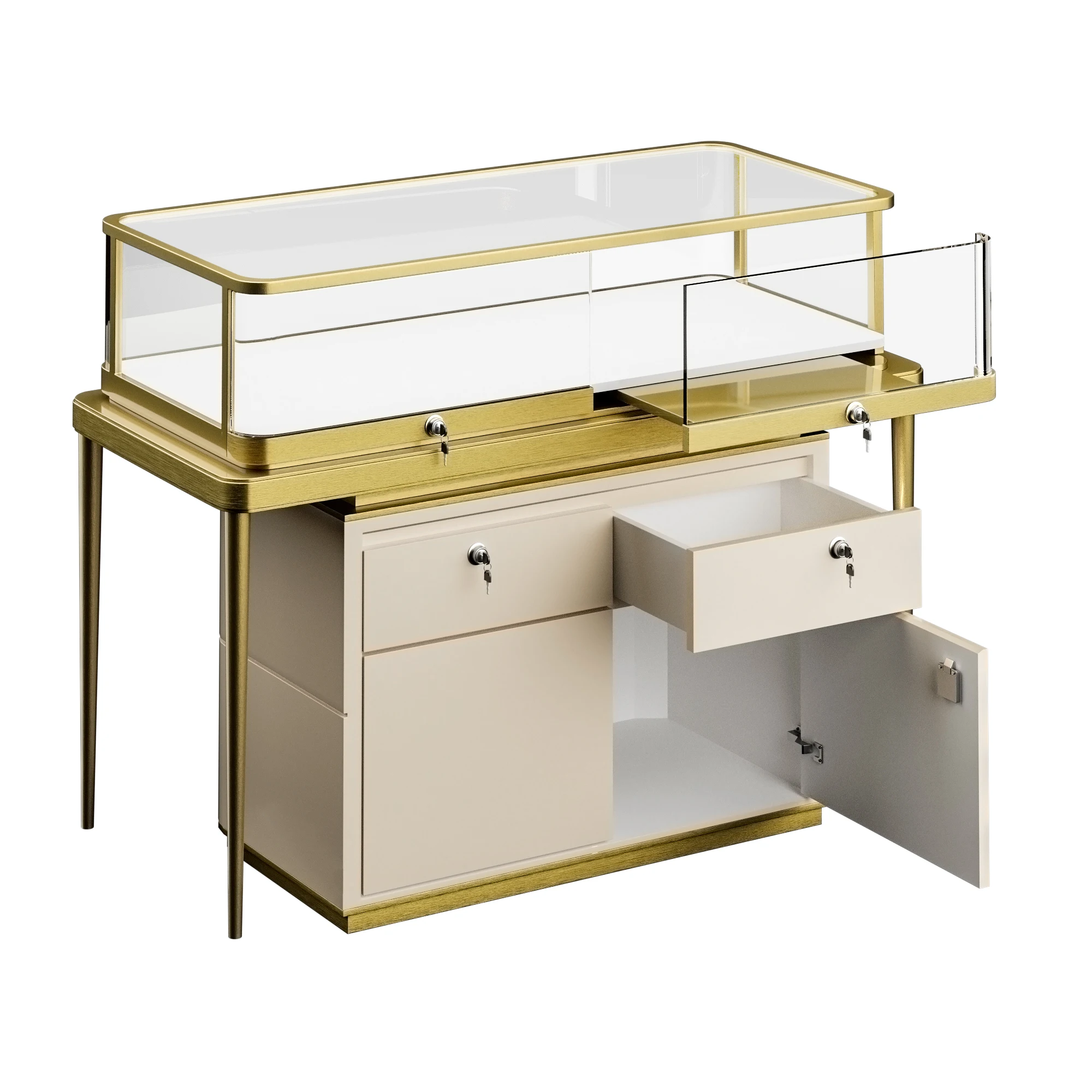 

Custom.Luxury Jewelry Shop Window Exhibition Counter Custom Logo Metal Glass Jewellery Cabinet Jewelry Display Showcase