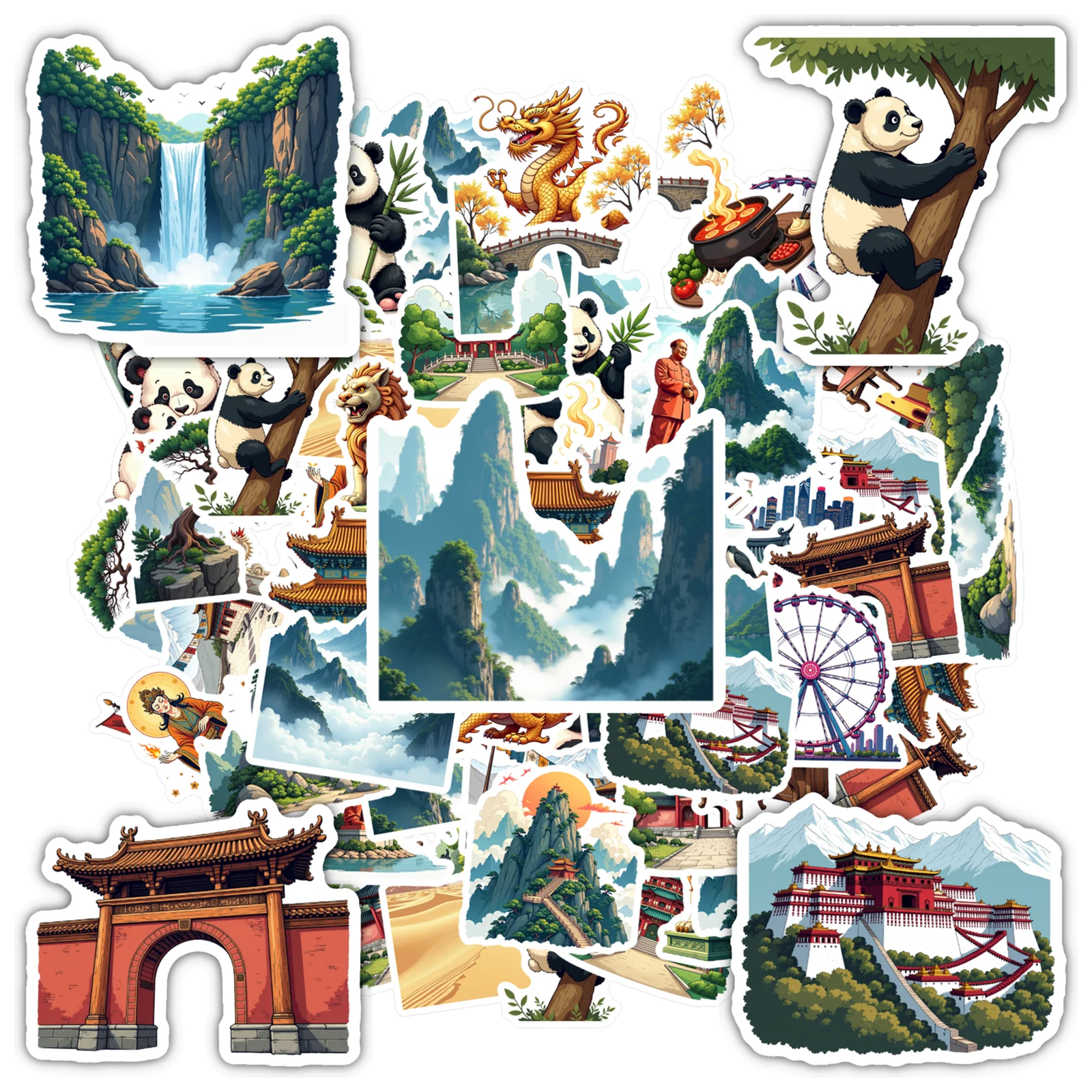 35pcs-50pcs Cartoon Chinese Culture Stickers Traditional Panda Teacher Reward Stickers Panda Stickers For Luggage Laptop
