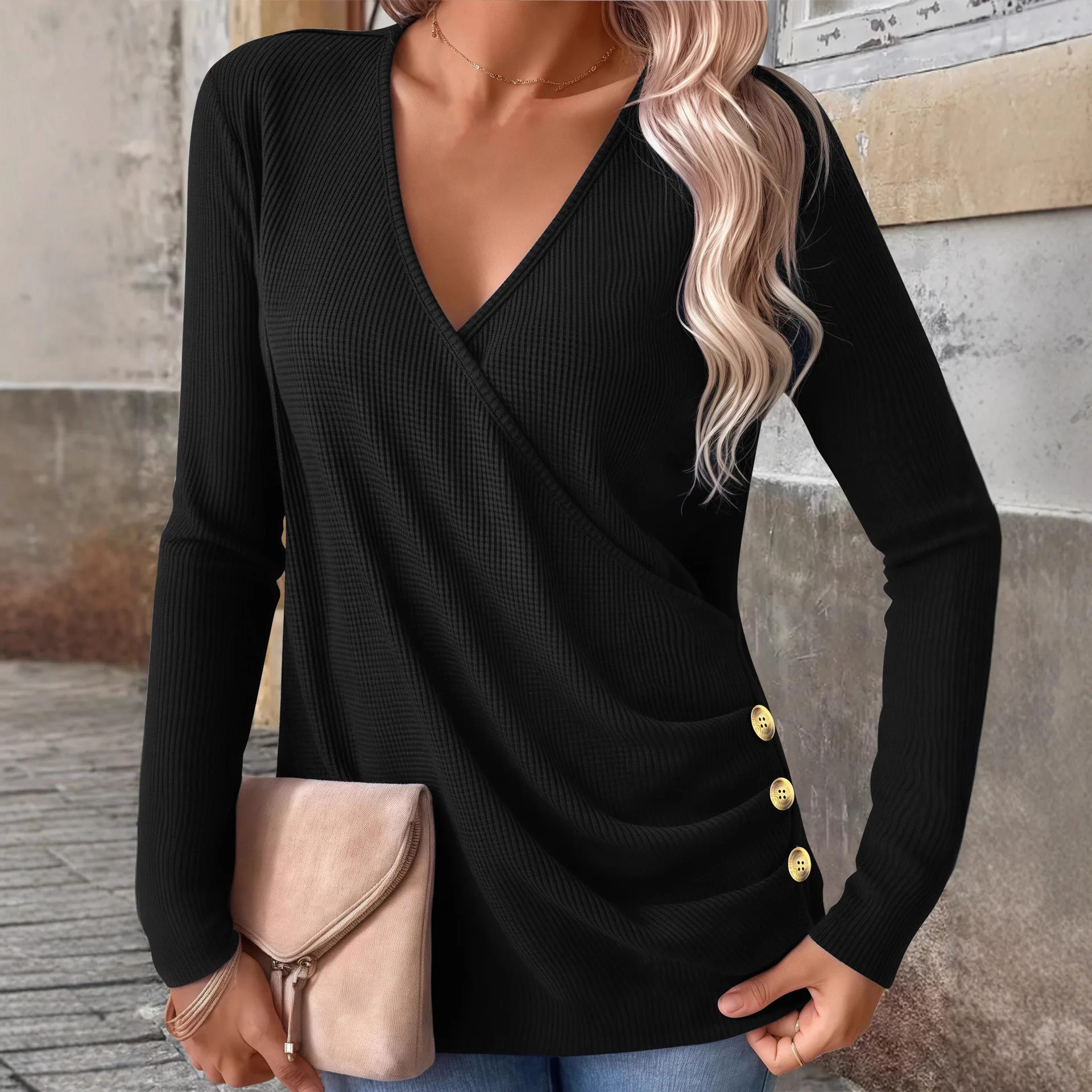 

Fashion V-Neck Long Sleeved T Shirt Autumn Winter Women Solid Color Loose Ladies Tops Casual Button Shirt 2025 Plus Size Clothes