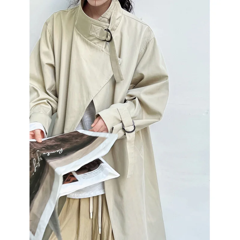 Autumn Stand Collar Long Trench Coat Women Loose Long Sleeve Oversized Over Knee Coat with belt Minimalist