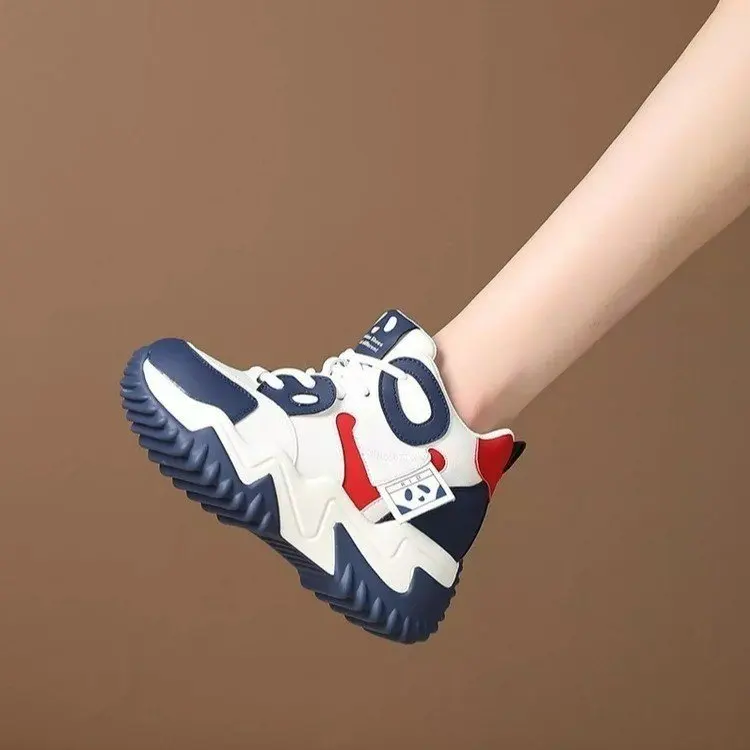 Women Walking Sneakers New Autumn Lace-up High Platform Chunky Shoes Breathable Leather Shoes 10.5CM Wedge Heels Casual Shoes