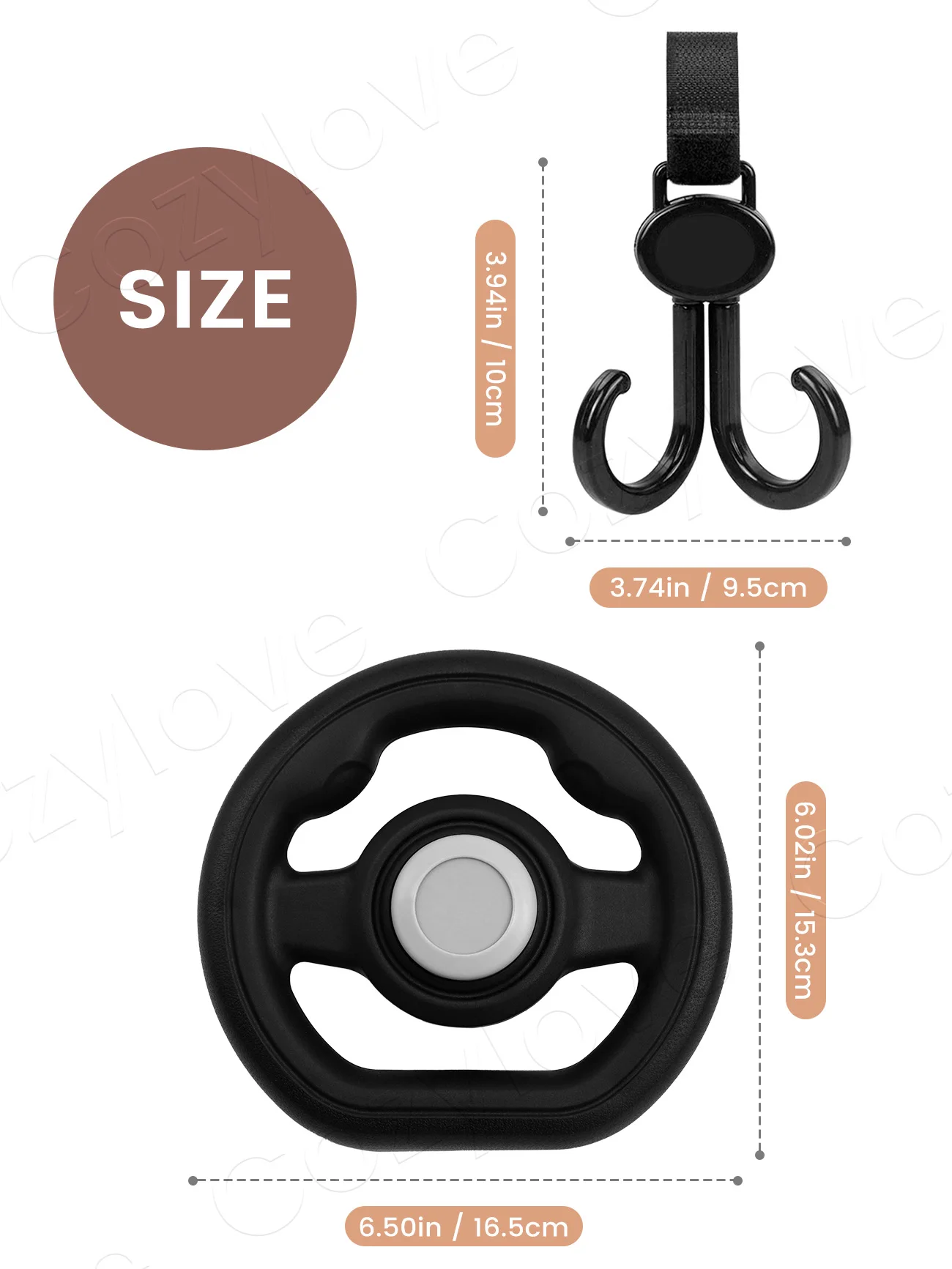 Baby Stroller Steering Wheel with 2 Rotatable Hooks, Toddler Pretend Driving Simulation, Universal Baby Pushchair Accessory Set