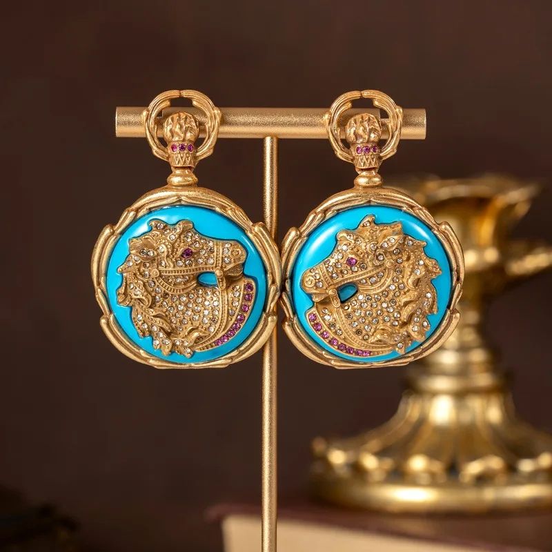 Vintage Horsehead Round Tag Drop Earrings Inlaid Zircon, Elegant Versatile Retro Ear Jewelry For Women Daily Wear