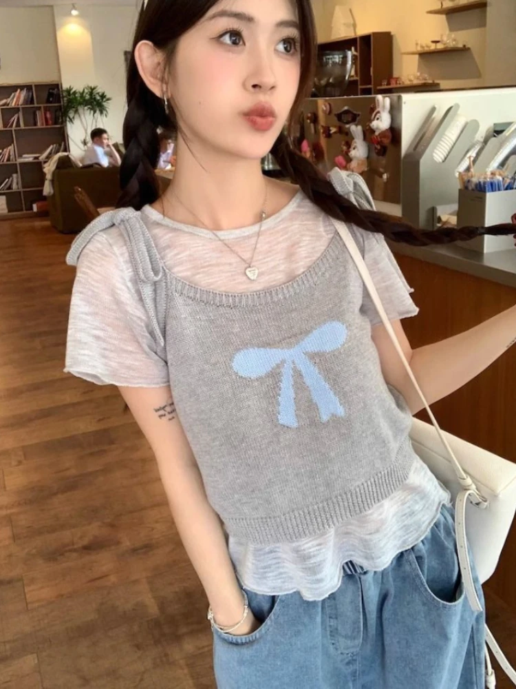 Y2k Harajuku Sweet T Shirts for Women Short Sleeve Solid Color Tops Tees Bow Jacquard Knit Tank Two Piece Set Casual Clothing