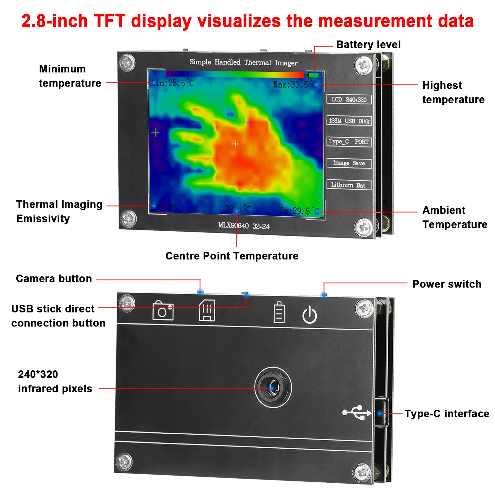 Portable Thermal Imager -40℃ to 300℃ Small Thermal Imaging Camera Support Maximum Minimum Center Temperature Measurement 2.8inch