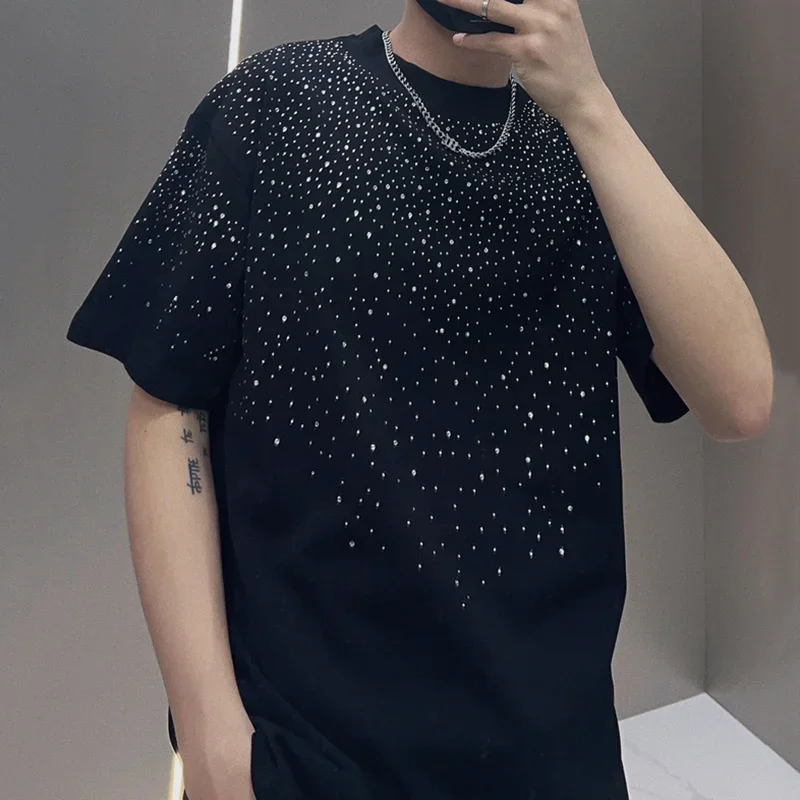 Summer Rhinestone Rivet T-shirt for Men Clothing Round Neck Casual T-shirt Fashion High Street Men's Summer Short Sleeves