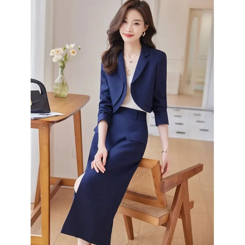 2023 Fashion Women Casual Jacket Skirt Suit Ladies Green Blue Beige Long Sleeve Female Blazer Two Piece Set For Autumn Winter