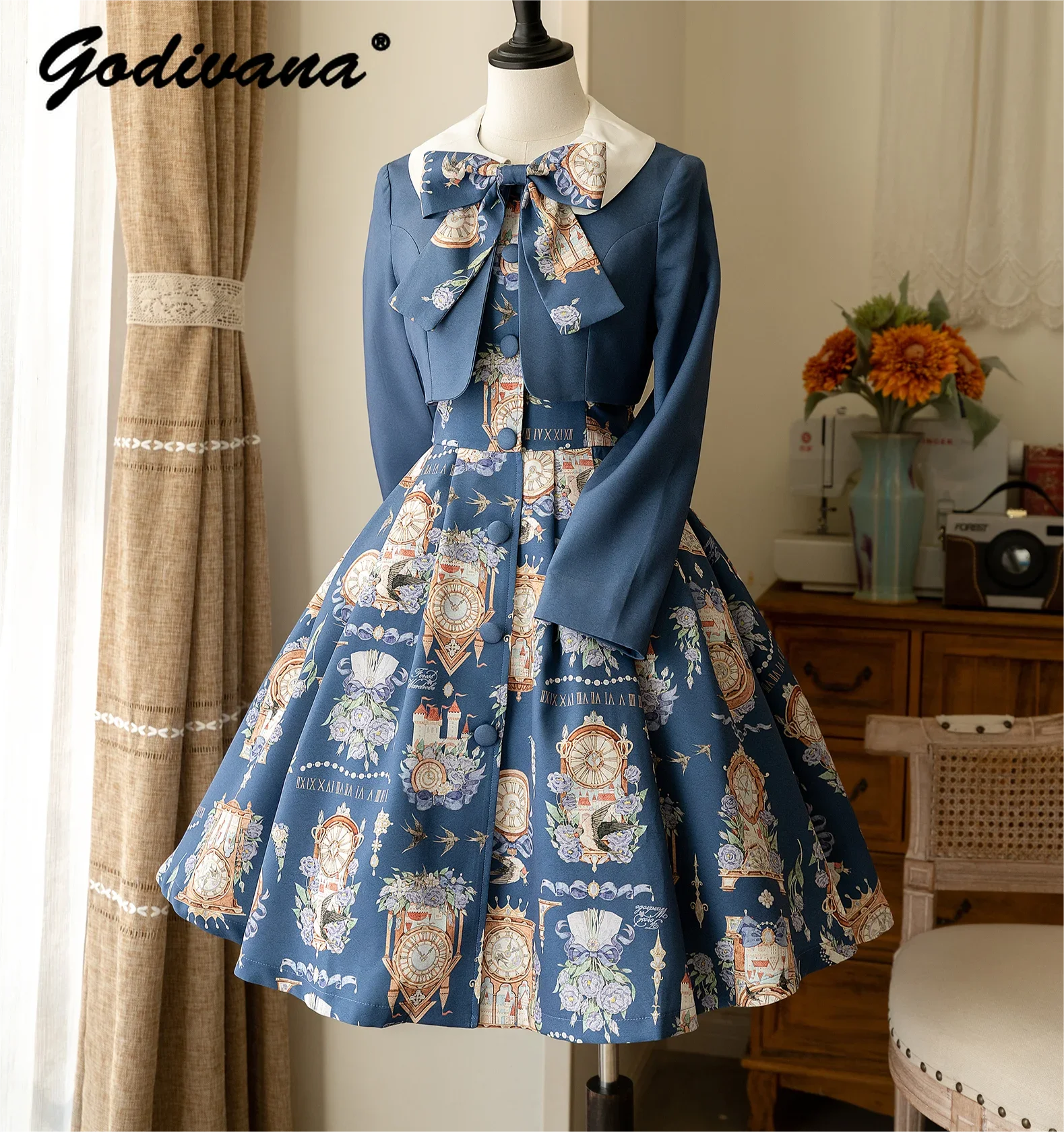 Elegante vestido de manga curta com estampa vintage feminino, roupas para outono, casaco CLA com arco fino, jaqueta curta, casaco Lolita, conjunto 2 peças