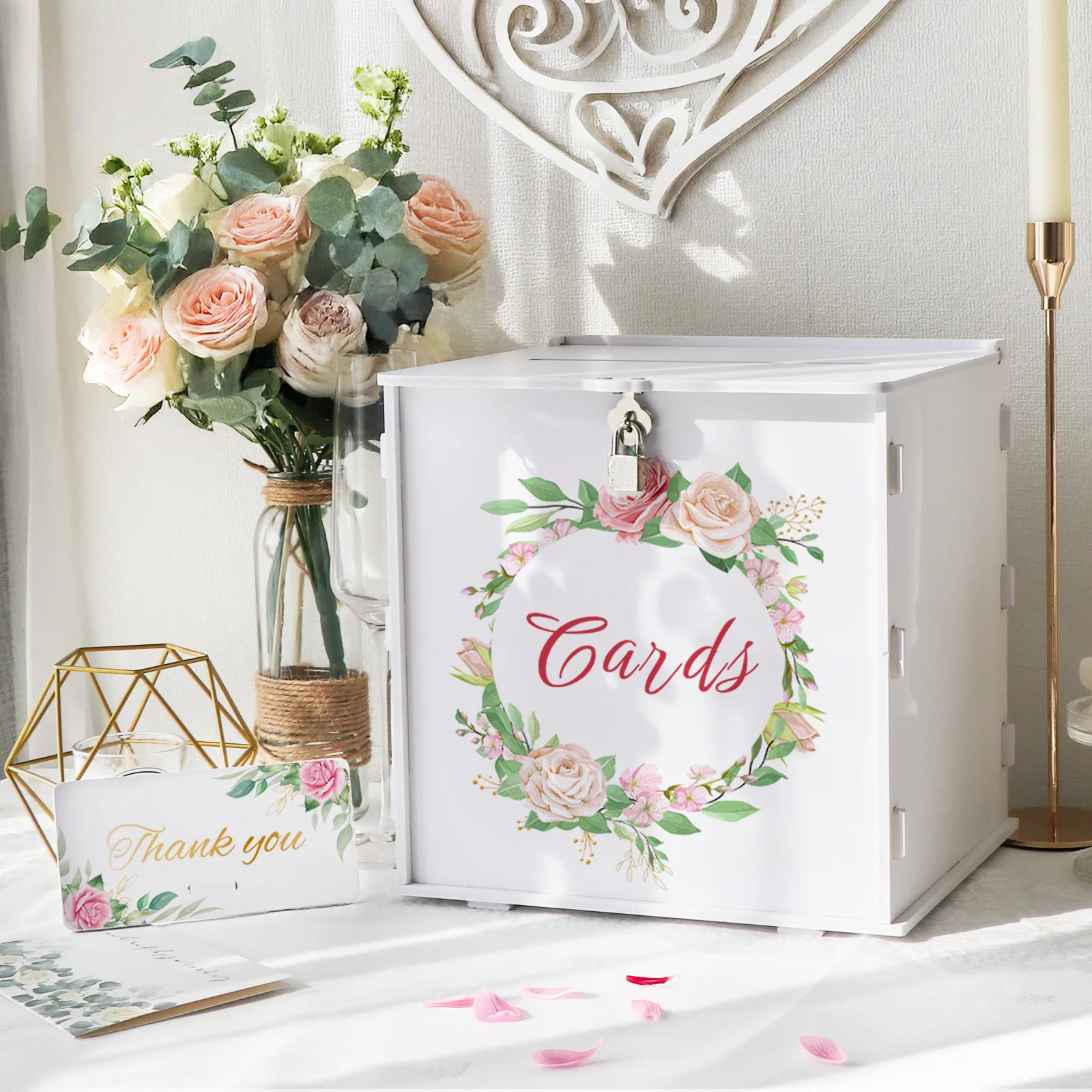 

Pink Rose Round Wreath Wedding Card Box with Lock, PVC Gift Card Box for Wedding Reception, Graduation Ceremony and Baby Shower