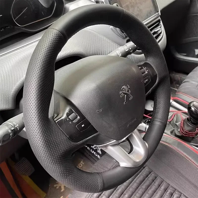 

Hand-Stitched black non-slip genuine leather Car Steering Wheel Cover For Peugeot 208 2008 car Interior Accessories